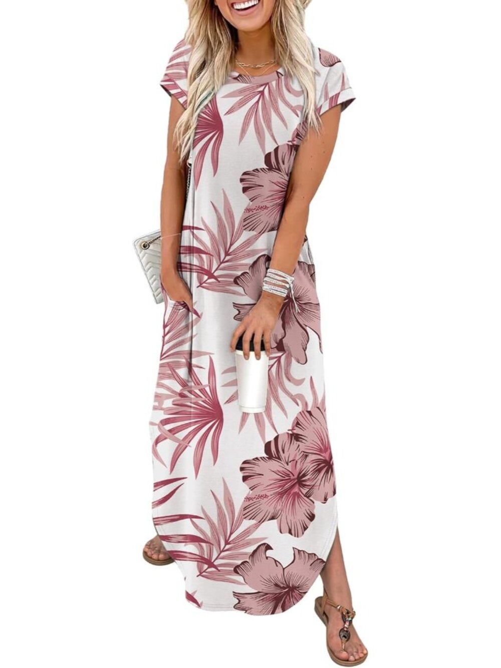 Womens Floral Rose Red Cap Sleeve Crewneck Casual Long Summer Pull On Maxi Dress